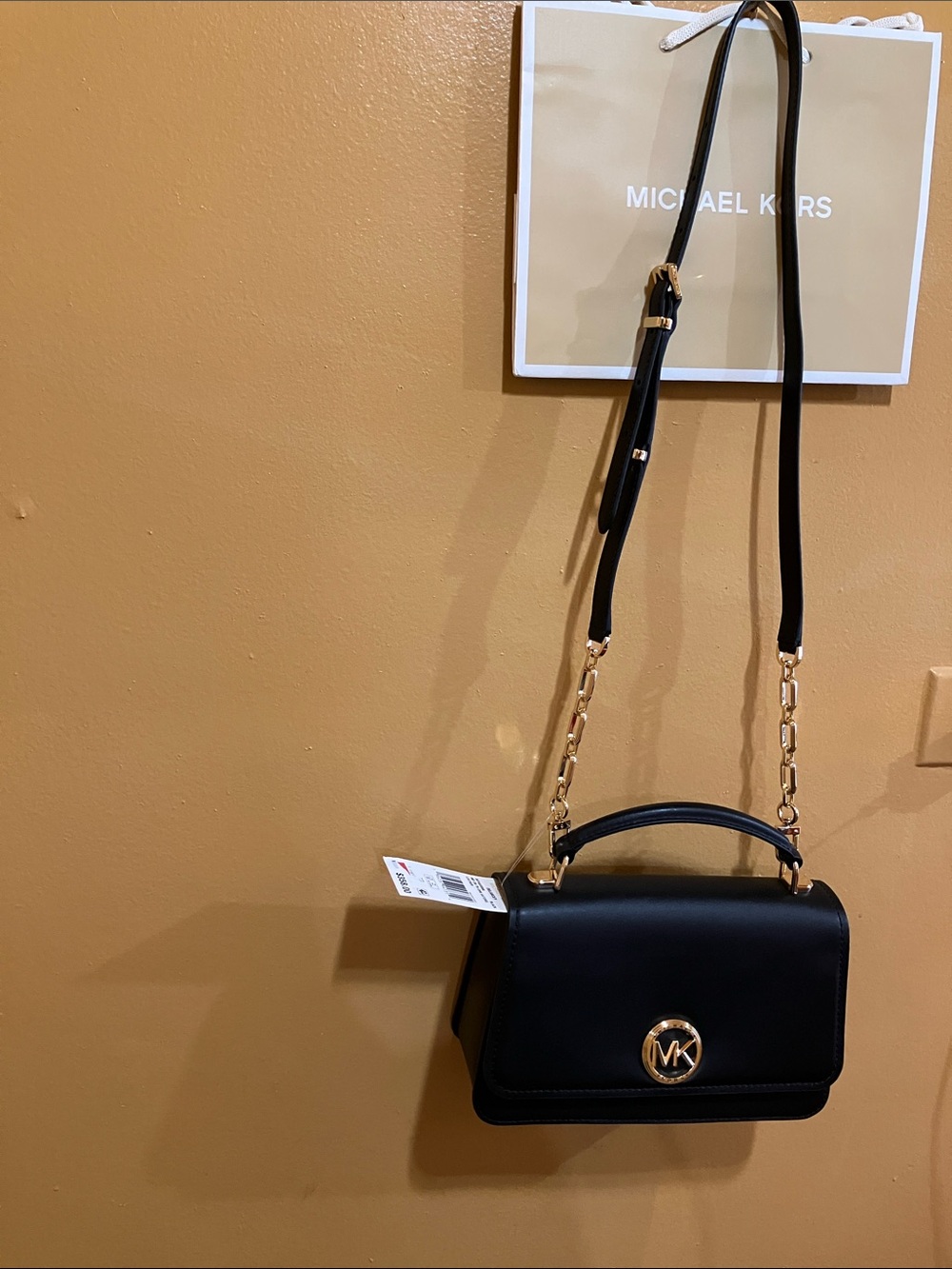 Michael Kors Delancy  Black  Leather Crossbody Bag with Gold Logo